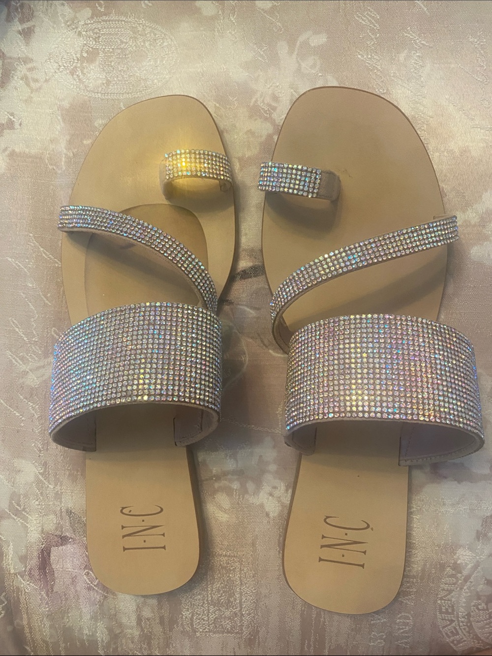 INC International Concepts Nude Iridescent Rhinestone Slide Sandals